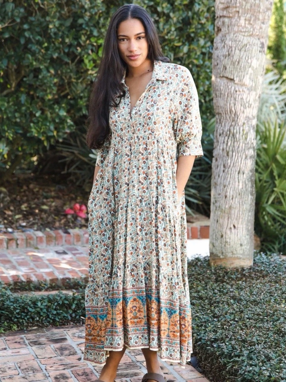 Natural life Boho Floral Button-Front Maxi Dress sz L